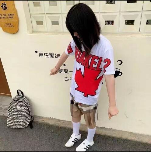 三标齐全+广州高版本+包装袋D2夏季T恤泼墨丝印枫叶学生情侣套装T
