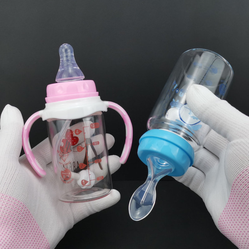 新生儿标准口径晶钻玻璃奶瓶120ml防胀气带勺子奶嘴宝宝手柄吸管