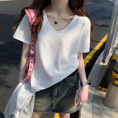 v领t恤女2025新款夏季白短袖正肩宽松大领口纯棉显瘦低领白色上衣