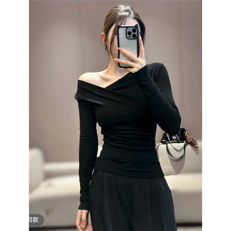 设计感斜领长袖t恤女秋冬季