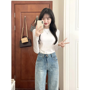 白色立領正肩T恤女2025秋冬新款 打底衫 內搭洋氣修身 百搭上衣 長袖