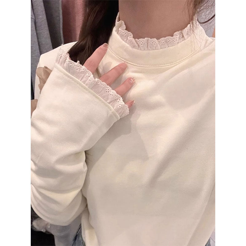 蕾丝花边半高领德绒打底衫女秋冬2026新款内搭设计感独特别致上衣