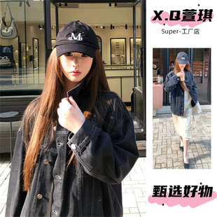 港风复古蓝黑色牛仔外套女oversize宽松翻领短外套休闲上衣加绒冬