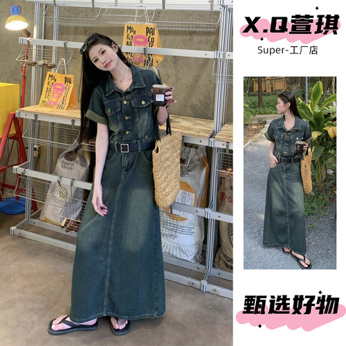港风复古翻领短袖牛仔连衣裙夏季