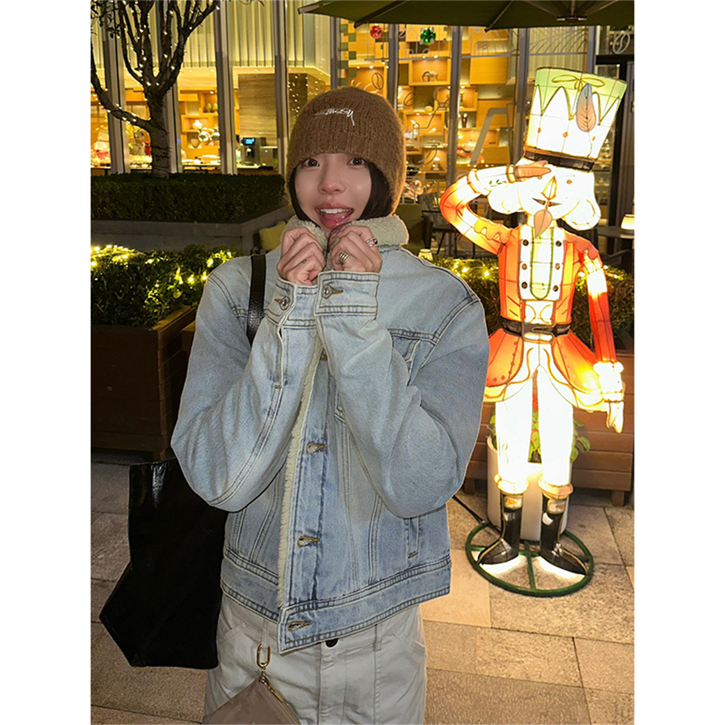 美式复古小众羊羔绒夹棉牛仔水洗复古棉服小个子加厚夹克外套女冬
