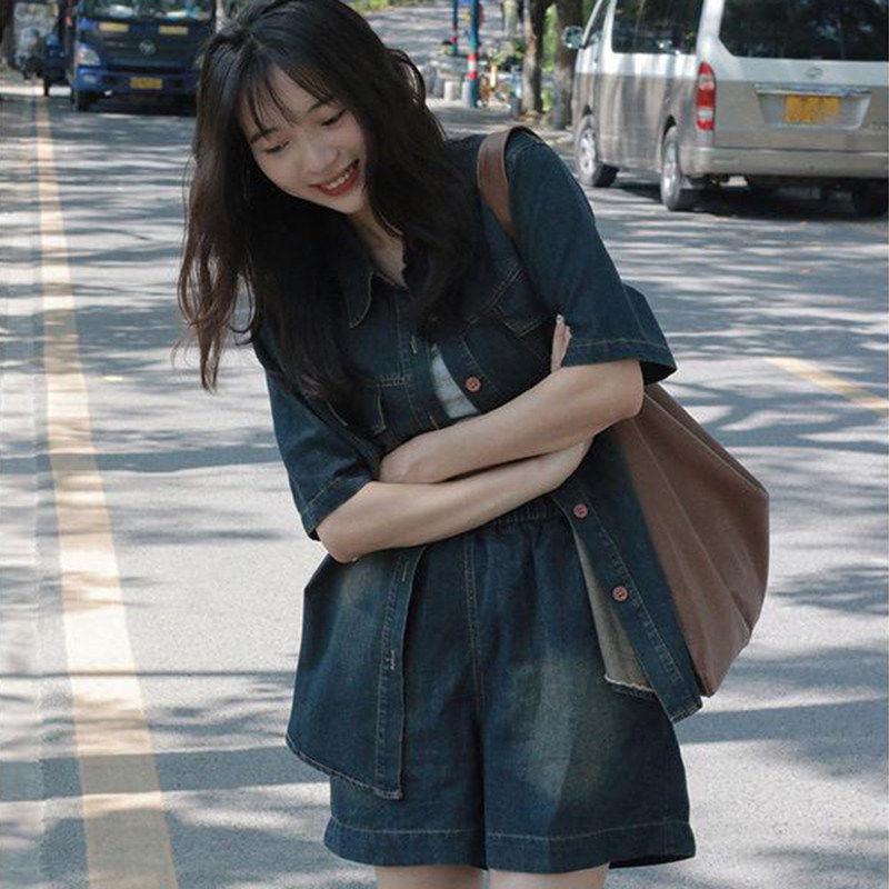 复古时尚短袖牛仔衬衫一整套新款夏季韩版森女休闲短裤上衣两件套