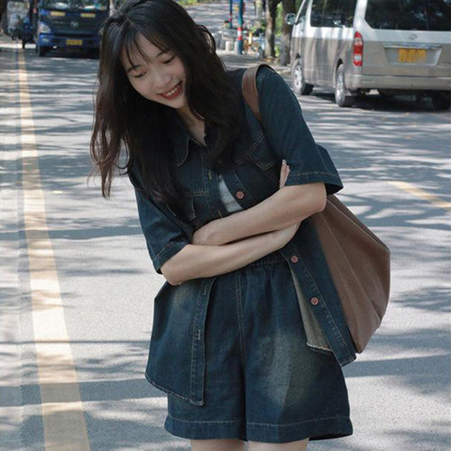 复古时尚短袖牛仔衬衫一整套新款夏季韩版森女休闲短裤上衣两件套