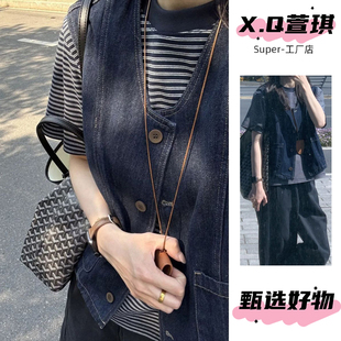 港味复古百搭叠穿圆领牛仔马甲女2025春夏季 上衣 休闲宽松显瘦无袖