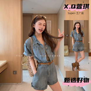 2026新款港风通勤高腰牛仔连体裤女夏季薄款翻领短袖显瘦百搭短裤