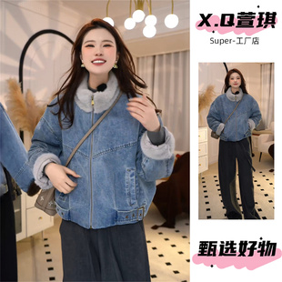 萱琪牛仔 新款 韩系复古牛仔棉服女短款 加厚保暖毛领拼接外套秋冬季