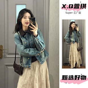 灯芯绒牛仔外套女美式复古2025年新款春秋季宽松拼接早春穿搭夹克