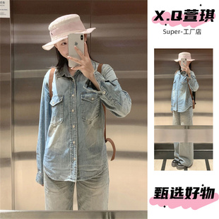女长袖 加绒复古水洗牛仔衬衫 休闲外套 新款 萱琪XUANQI牛仔上衣春季