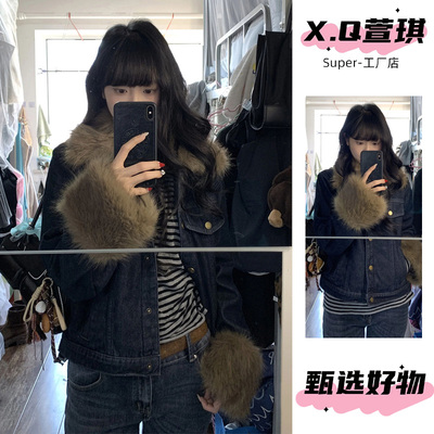 复古羊羔毛牛仔外套女秋冬季加厚