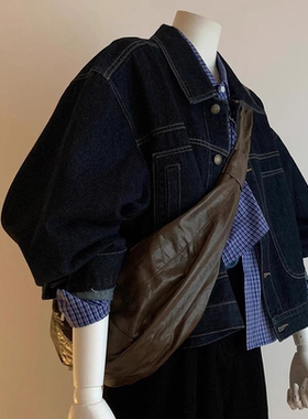 韩版宽松短款深蓝色丹宁风休闲牛仔外套2025春秋新款复古夹克上衣