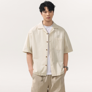 老钱风高端透气亚麻棉混纺古巴领短袖衬衫男2026夏季宽松休闲衬衣