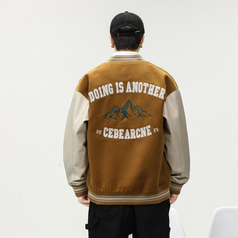 美式重磅字母毛巾刺绣麂皮绒棒球服外套男秋季宽松拼色飞行员外套