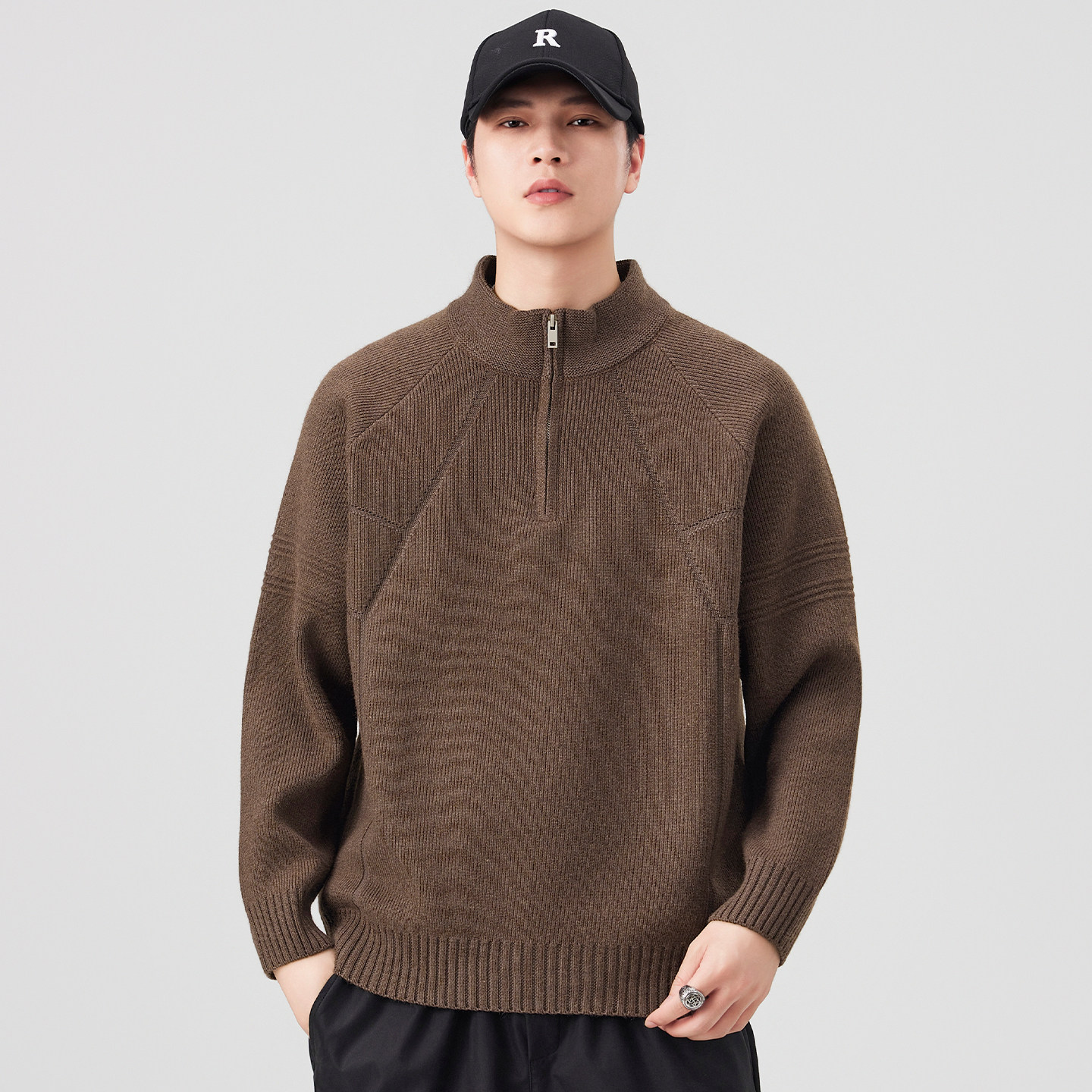 重磅半高领拉链毛衣男2025秋冬季新款宽松套头纯色打底针织衫外套