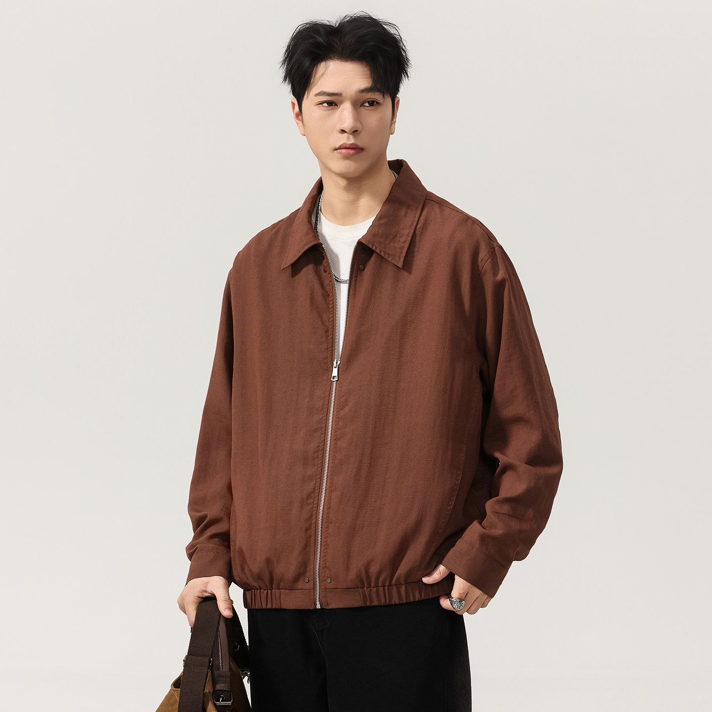 老钱风桑蚕丝亚麻混纺垂顺休闲工装外套男2026春季新款翻领夹克潮