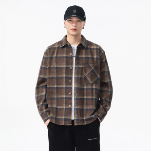 宽松长袖 男2025秋季 衬衣外套 天丝莱赛尔复古洗褪做旧格子衬衫 美式