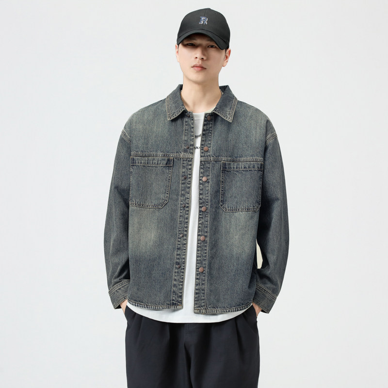 美式重磅复古水洗工装长袖牛仔衬衫男2024秋季宽松大码衬衣外套潮