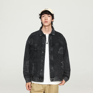 美式高级感复古印花潮牌牛仔外套男2023春秋新款宽松休闲工装夹克