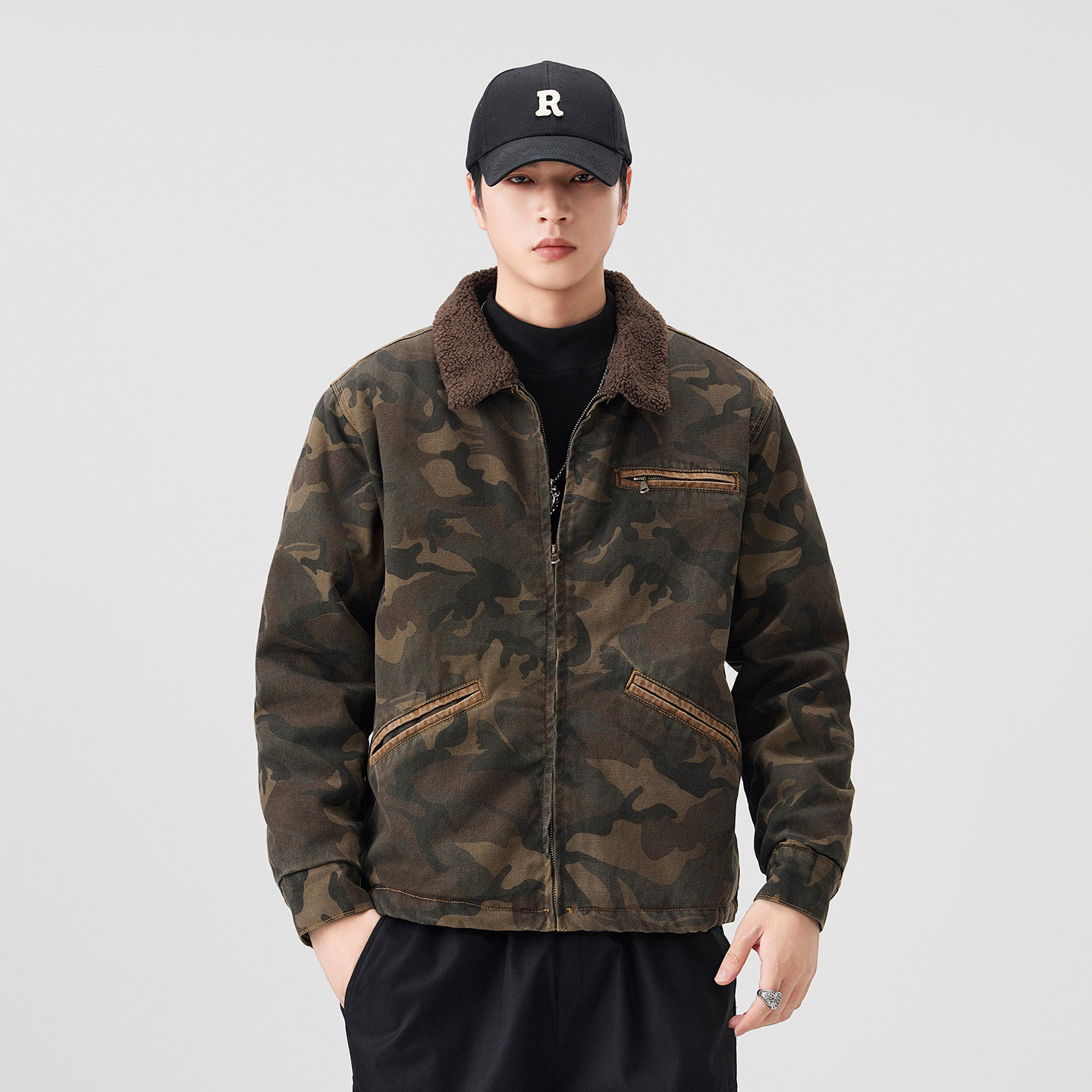 美式高端复古迷彩羊羔绒外套男2025冬季潮牌加厚保暖工装夹克棉服