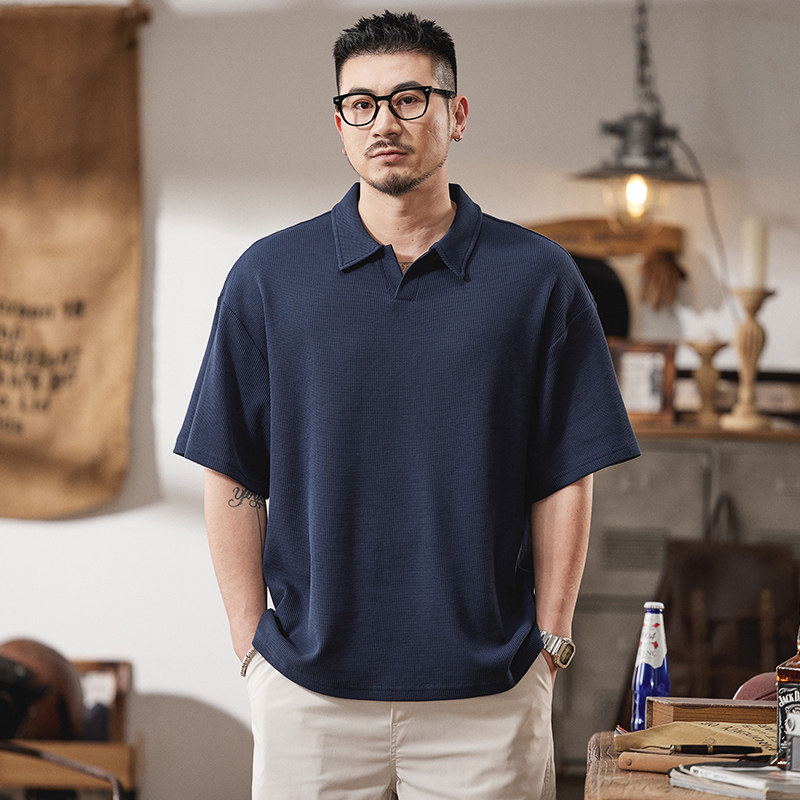 美式复古华夫格海鸥领Polo衫男2025夏季潮牌宽松大码纯色短袖T恤