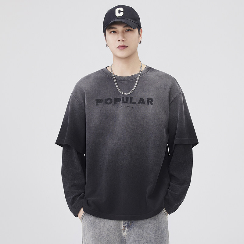 美式复古水洗假两件渐变做旧纯棉T恤男2025秋季宽松休闲长袖体恤