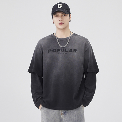 秋季假两件渐变做旧纯棉T恤男