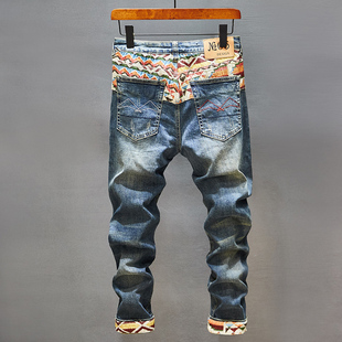 欧美高端刺绣破洞牛仔裤男潮牌修身小脚秋季新款拼接休闲九分裤子