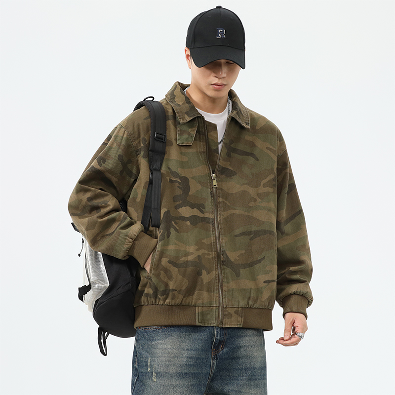秋冬宽松复古帆布迷彩工装外套男