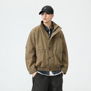 宽松大码 夹克男2024秋季 立领休闲机车外套 复古卡其色水洗工装 美式