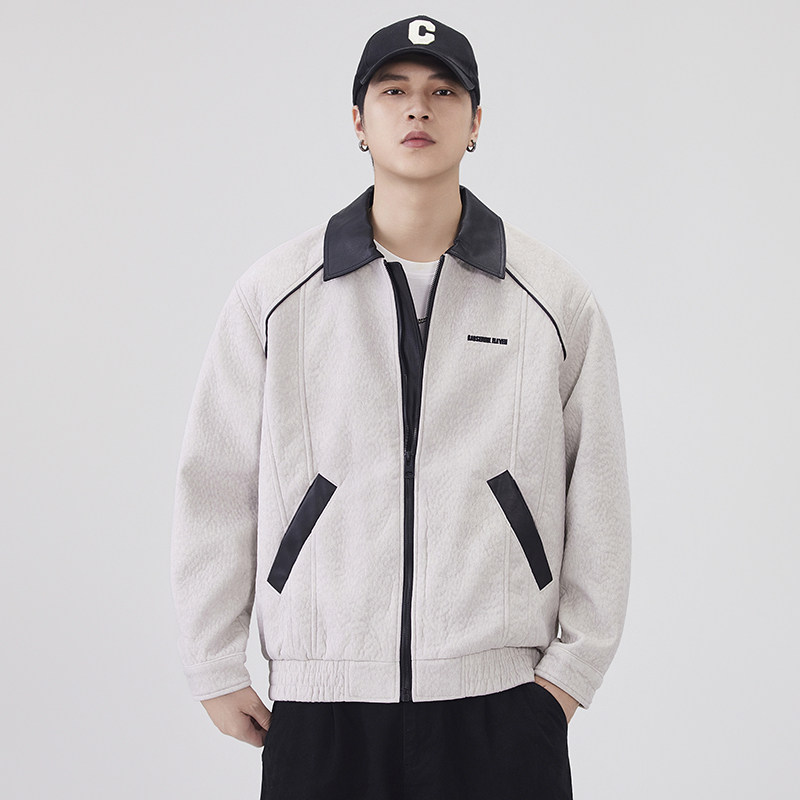 美式高级感肌理毛呢料撞色翻领外套男2025秋季新款宽松飞行员夹克