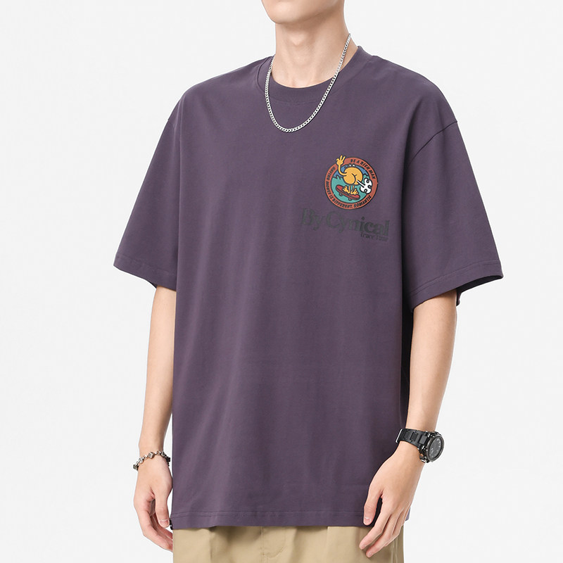 美式重磅紫色印花短袖T恤男宽松