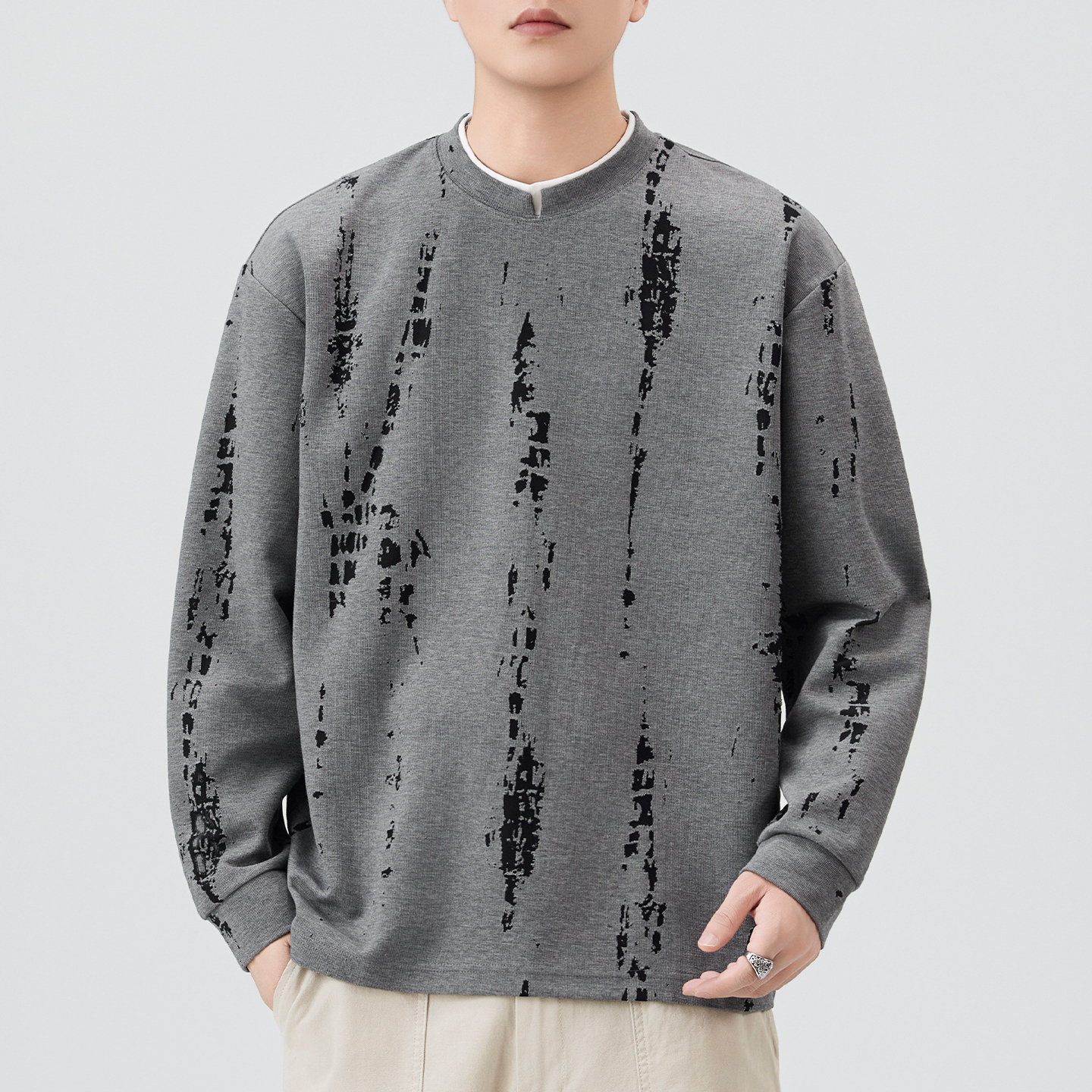 秋季宽松肌理感假两件长袖t恤男