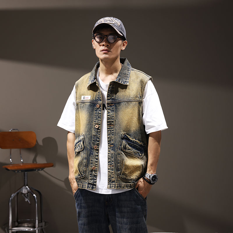 复古水洗做旧工装牛仔马甲男