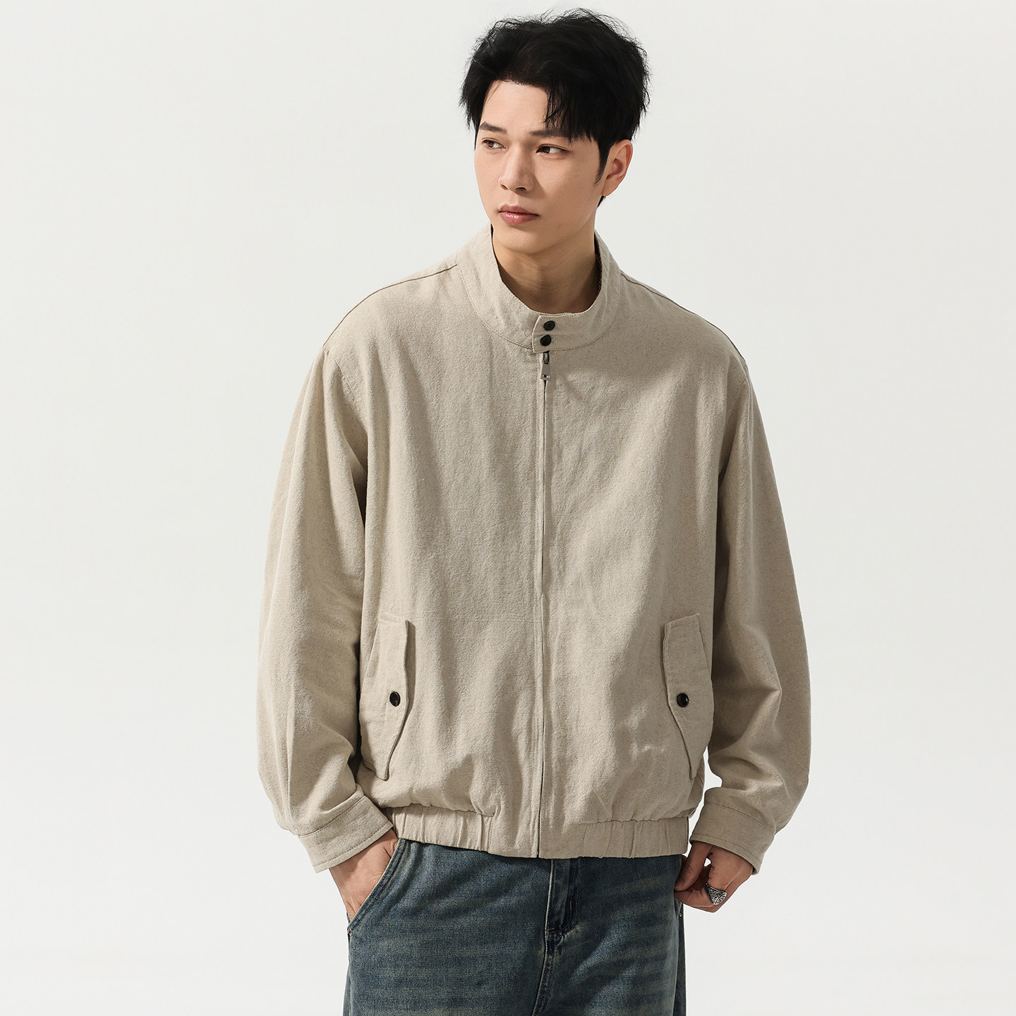 美式复古亚麻混纺哈灵顿立领工装外套男2026春季新款宽松休闲夹克