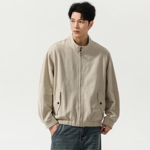 新款 外套男2026春季 宽松休闲夹克 复古亚麻混纺哈灵顿立领工装 美式