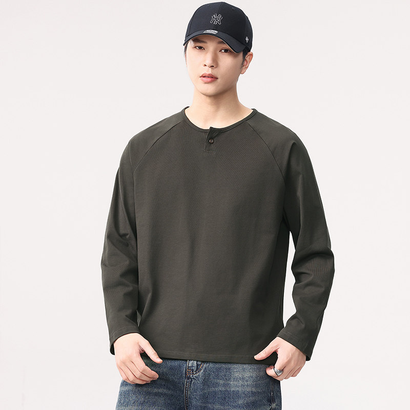 美式高级感复古长袖T恤男2025秋季新款宽松纯棉休闲亨利领打底衫