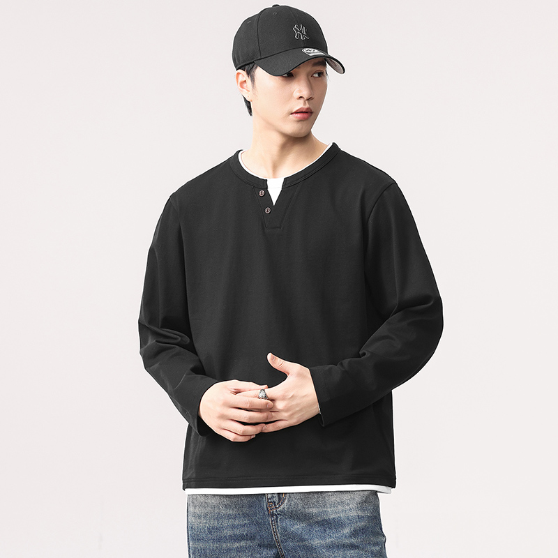 秋季纯棉假两件V领男士长袖T恤