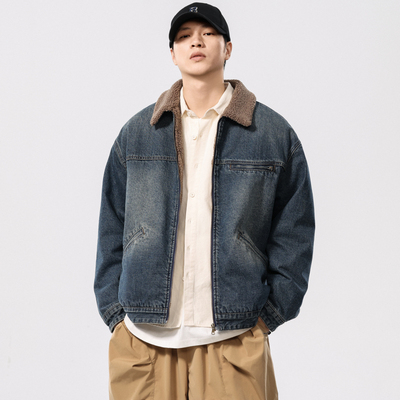 冬季宽松复古羊羔毛牛仔棉服男