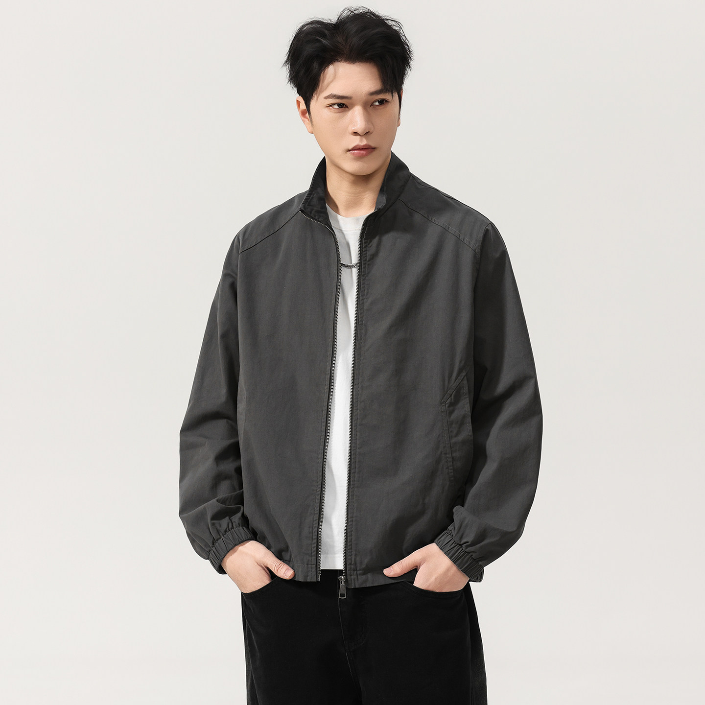 美式高端港雾灰棉麻混纺水洗机车立领外套男2026春季宽松工装夹克