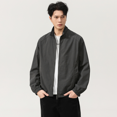 港雾灰棉麻混纺机车立领外套男