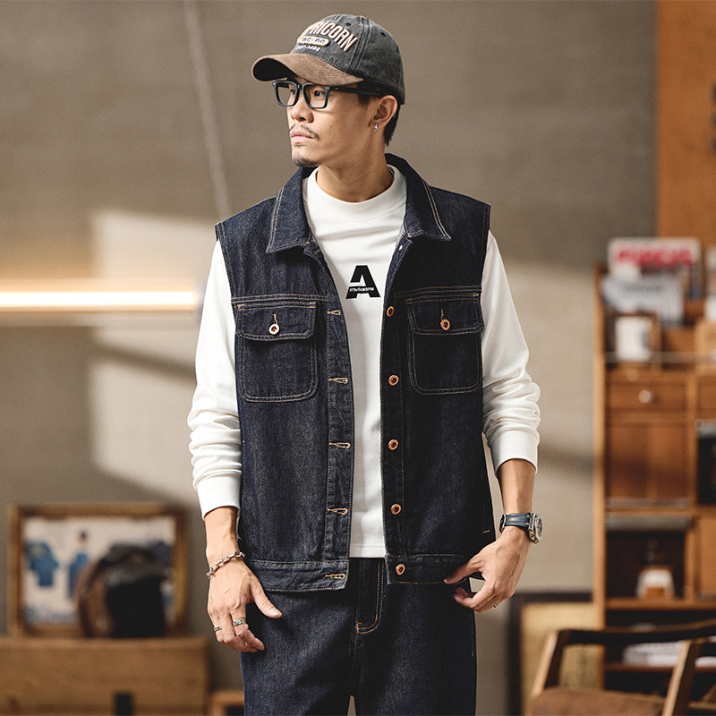 2025秋季新款原色牛仔马甲男高级感痞帅坎肩背心宽松潮牌无袖马夹