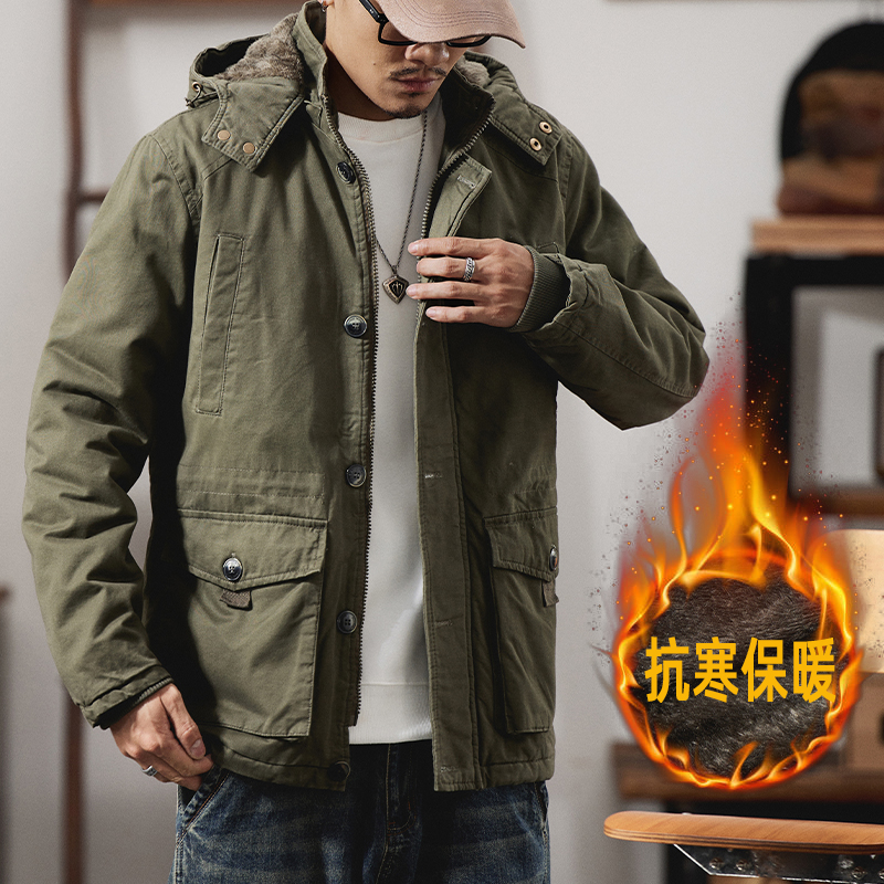 秋冬宽松户外加绒连帽工装外套男