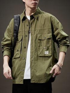 男长袖 衬衫 复古军绿工装 潮牌衬衣薄外套 新款 宽松大码 2023秋季 美式