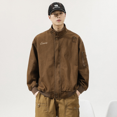 春季宽松拉链立领工装牛仔外套男