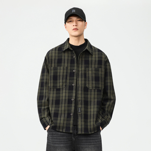 美式复古重磅格子长袖衬衫男2024秋季宽松休闲纯棉工装衬衣外套潮