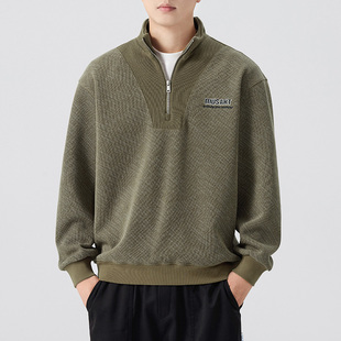 美式复古重磅半拉链立领卫衣男2025秋季新款潮牌宽松大码休闲外套