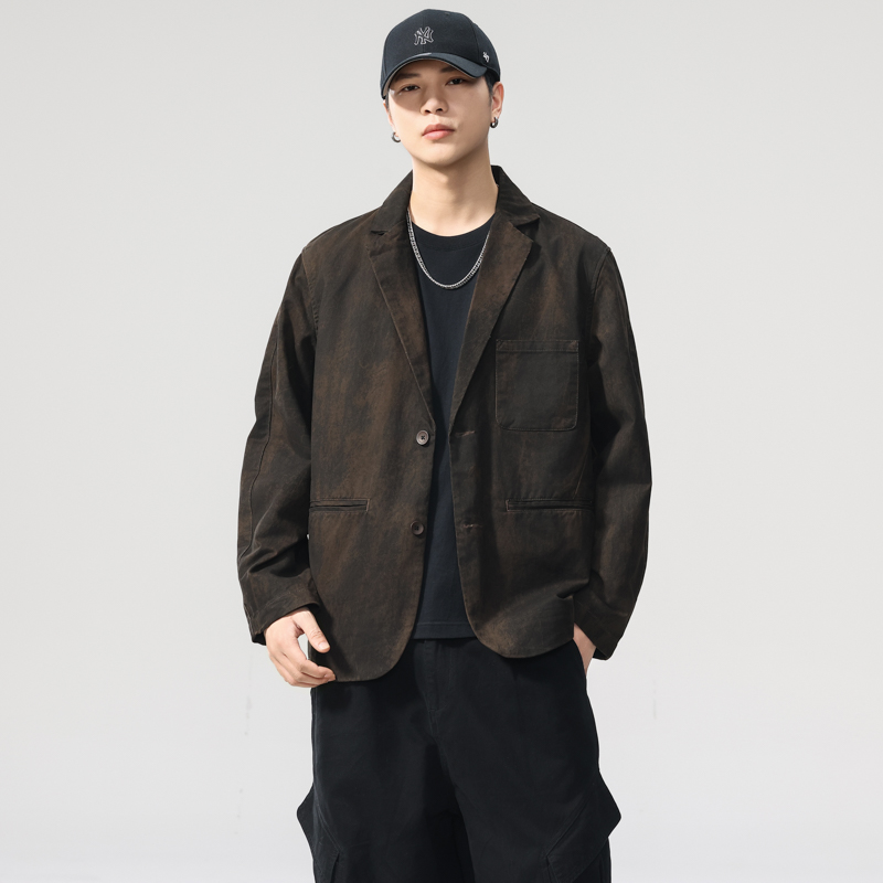 黄泥染水洗平驳领纯棉休闲西服男